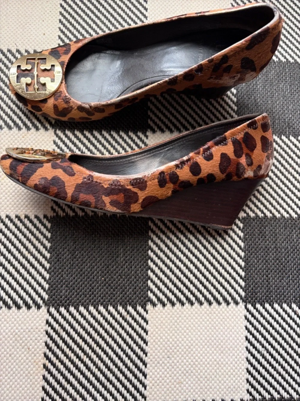 Tory Burch Leopard Print wedges with Gold Logo